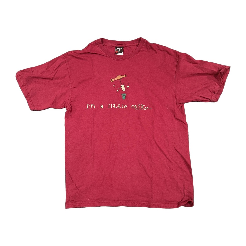 Hanes Beefy-T Mens Medium I'm A Little Corky Wine Graphic T-Shirt Maroon Red Vtg